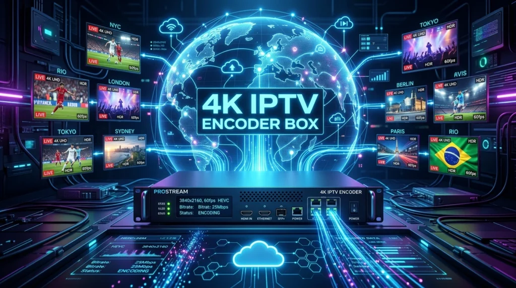 High performance 4K IPTV encoder box delivering ultra HD video streaming to multiple devices