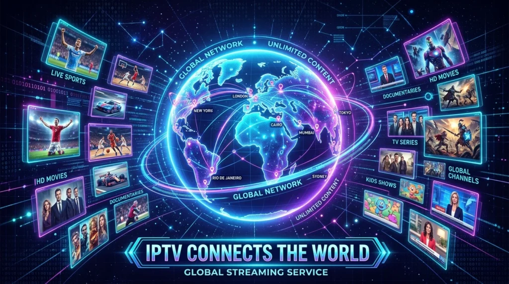 Modern smart TV displaying IPTV service with live channels, movies, and sports interface