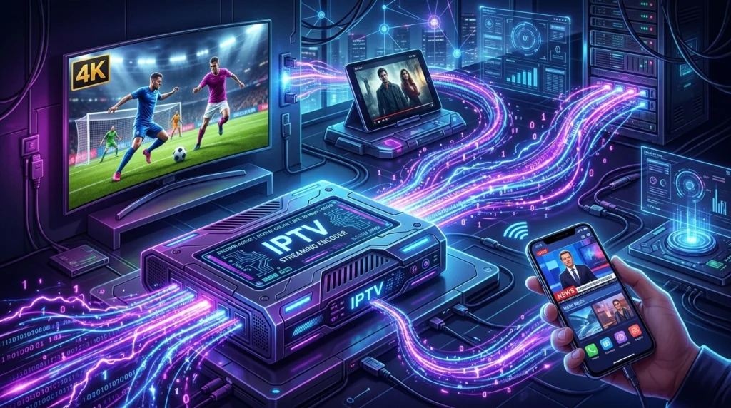 IPTV encoder box connected to camera and computer for live streaming setup