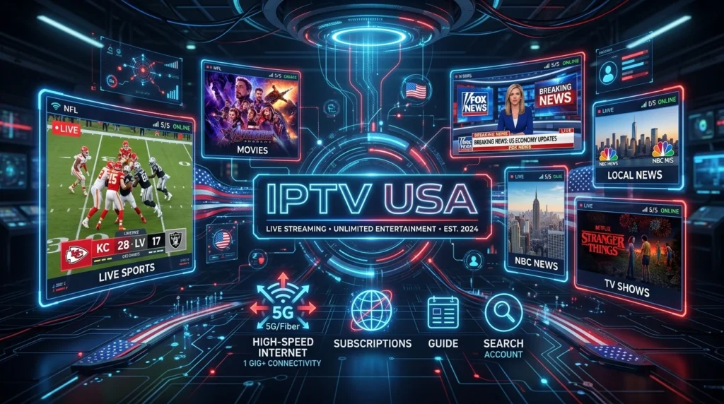 IPTV USA streaming on smart TV in modern living room with multiple channels