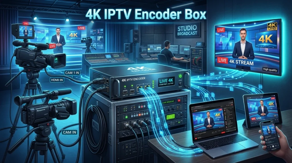 Professional 4K IPTV encoder box connected to cameras and streaming equipment for IPTV broadcasting