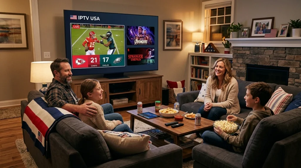 Futuristic IPTV USA interface with digital streaming and live channels