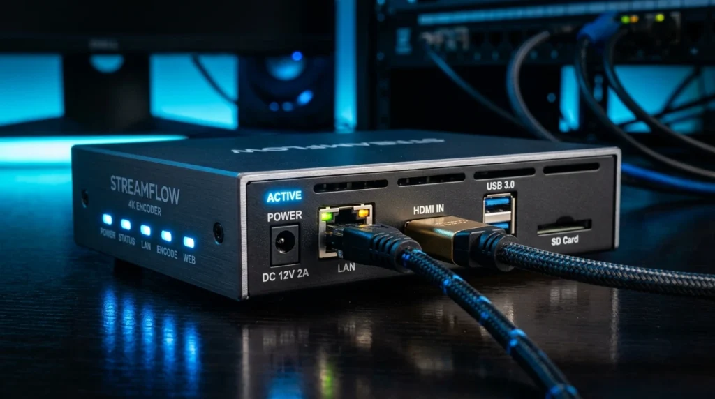 Close-up of IPTV encoder box with HDMI and Ethernet ports