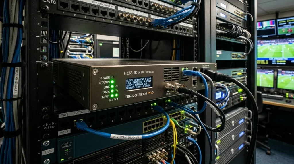 H.265 IPTV encoder box connected in a broadcast setup streaming live video with active LED indicators.