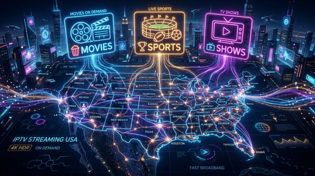 Remote control selecting IPTV USA channels on smart TV interface