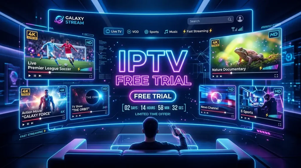 IPTV free trial offer on smart TV with live channels and streaming apps