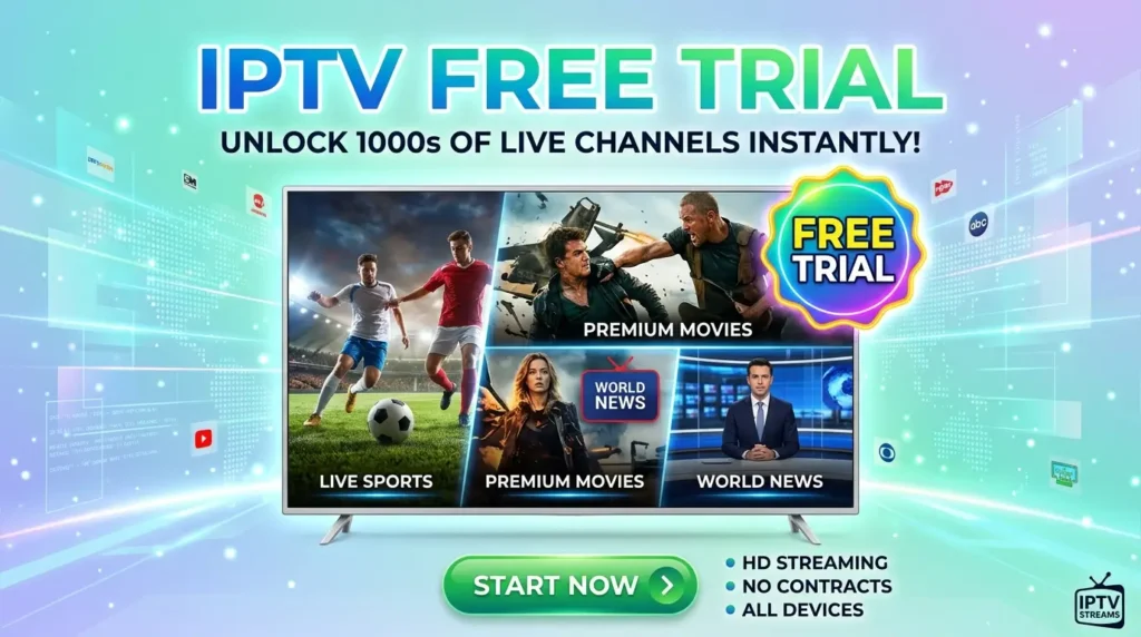 User watching IPTV free trial on smart TV with streaming interface