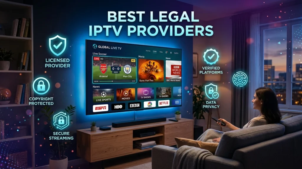 Digital streaming dashboard representing trusted legal IPTV providers with live channels