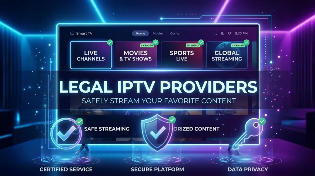 Smart TV interface showing legal IPTV providers with secure and licensed streaming services