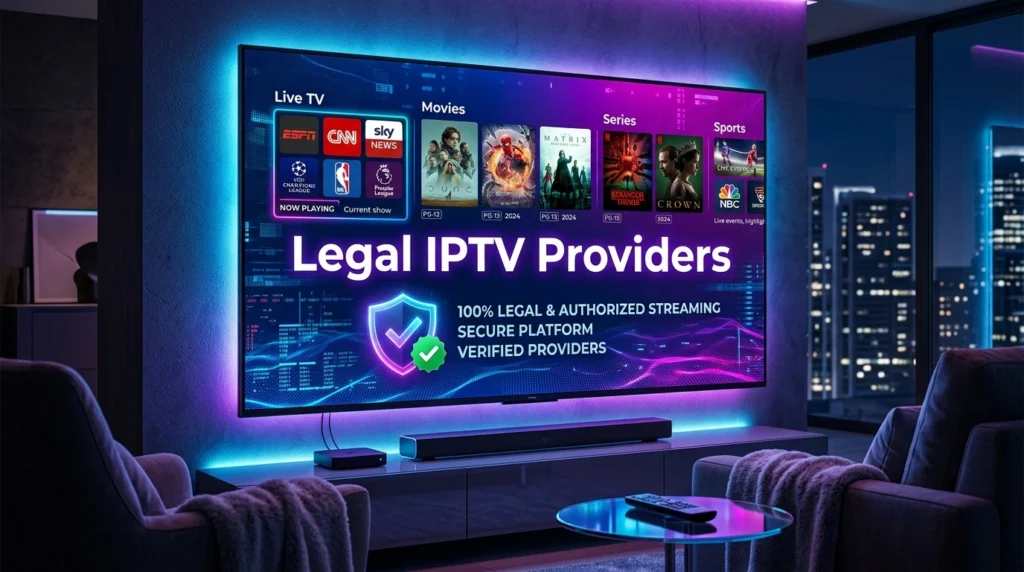 Legal IPTV providers streaming licensed live TV channels movies and sports on smart TV