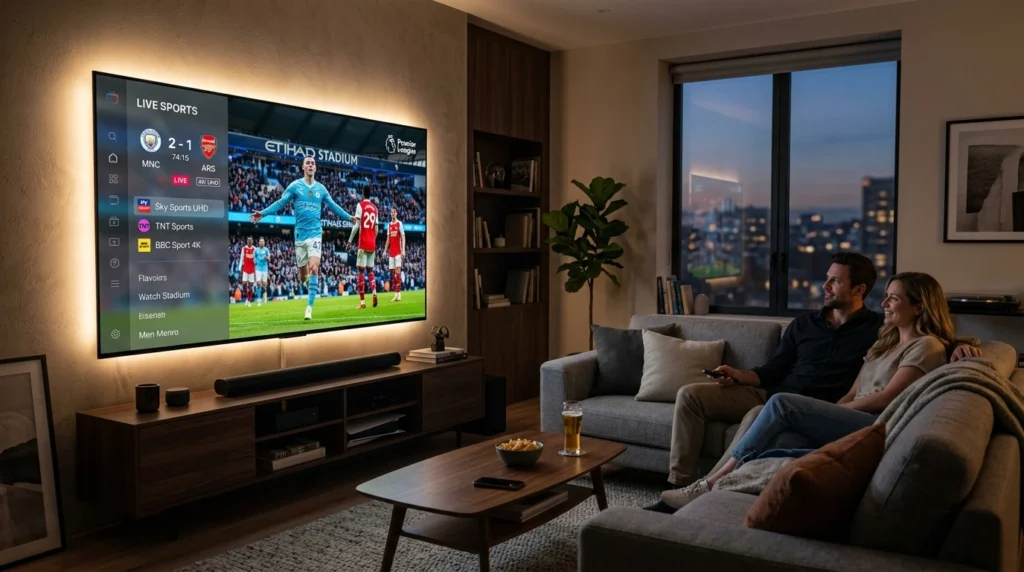 4K IPTV interface with multiple live channels on smart TV dashboard