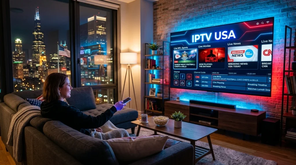Family watching IPTV USA on 4K smart TV with movies and sports channels