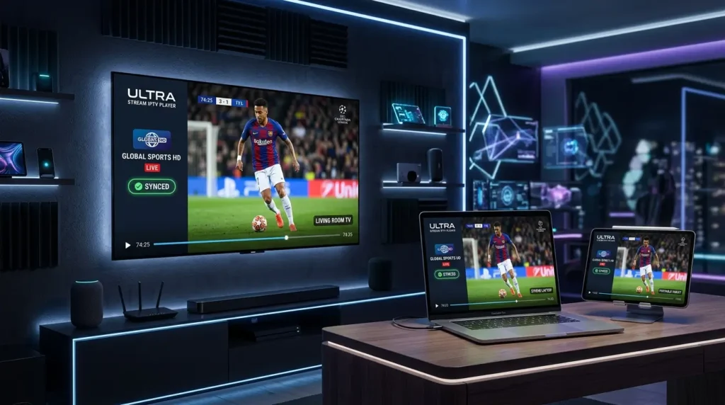 Best IPTV player on Smart TV showing live channels, movies, and EPG interface in HD.