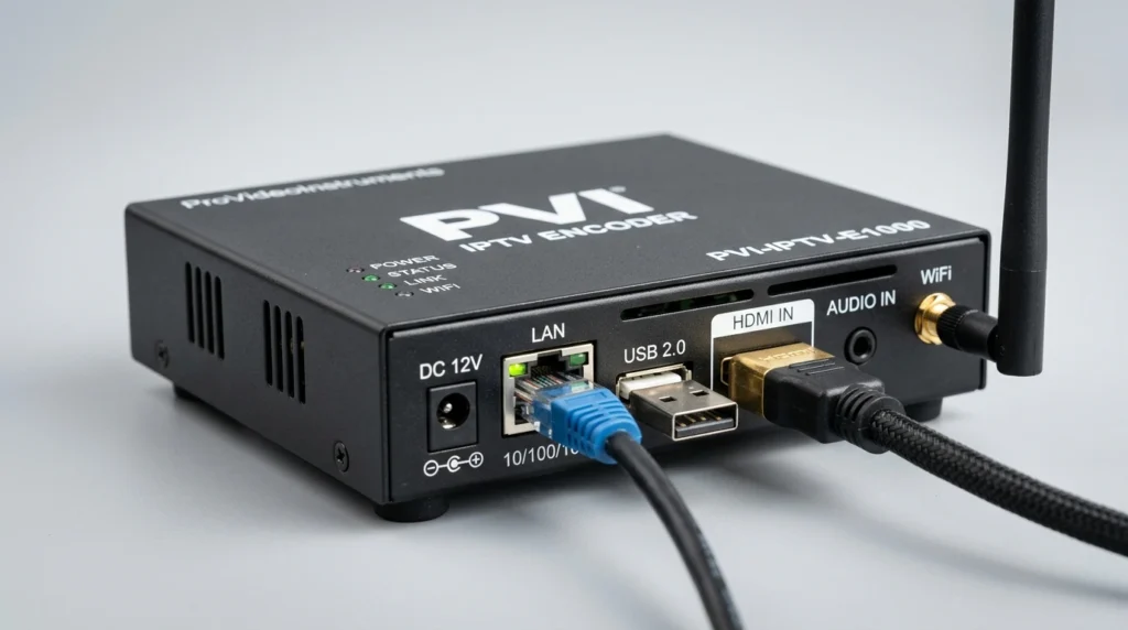 PVI IPTV encoder box in server rack with network cables