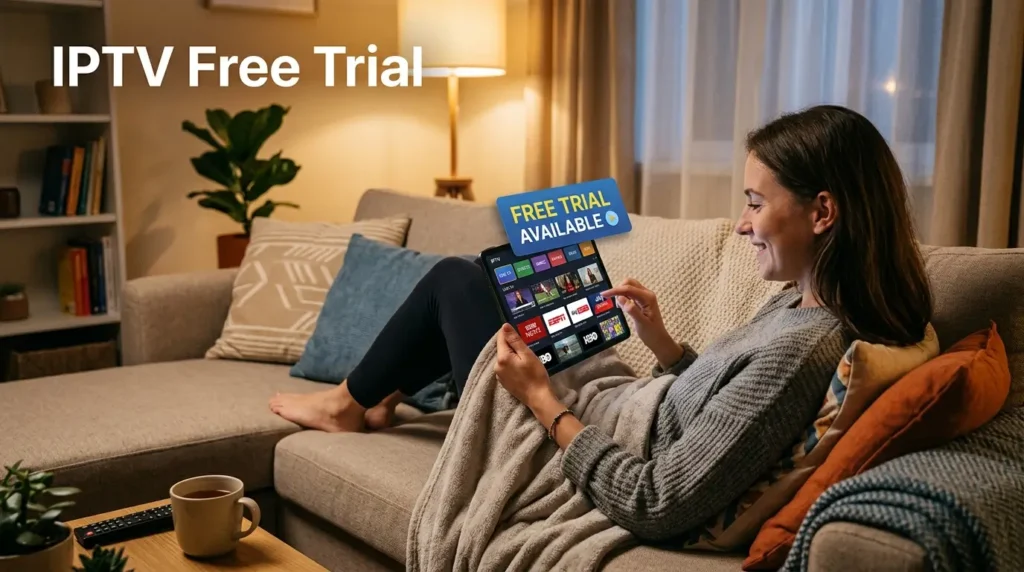 Futuristic IPTV free trial interface with HD and 4K streaming content