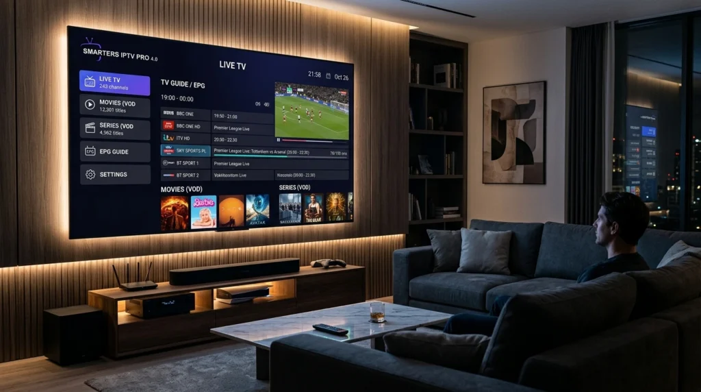 Smarters IPTV Pro interface on smart TV with live channels and VOD library