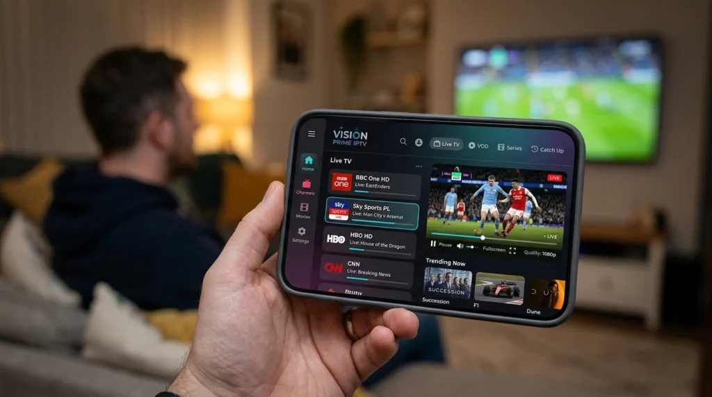 IPTV service app on smartphone showing live streaming and channel list