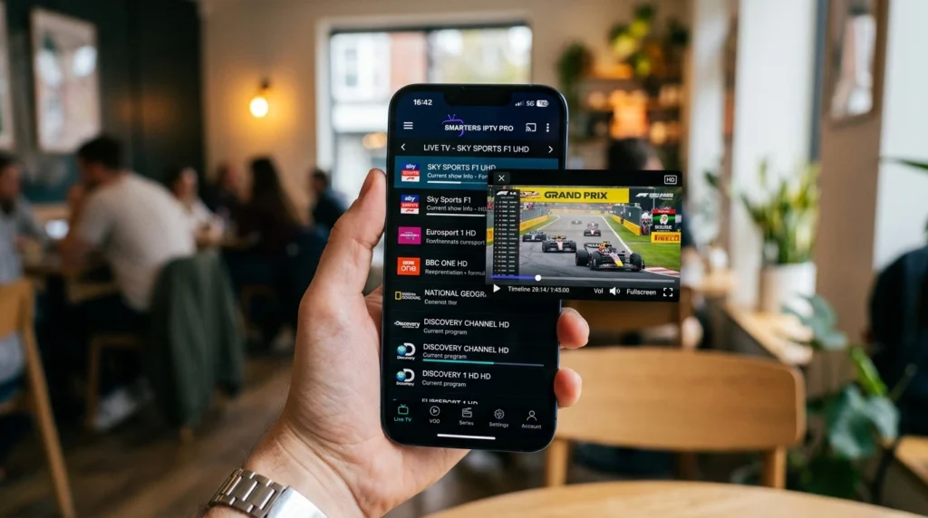 Smarters IPTV Pro app on smartphone streaming live TV in HD