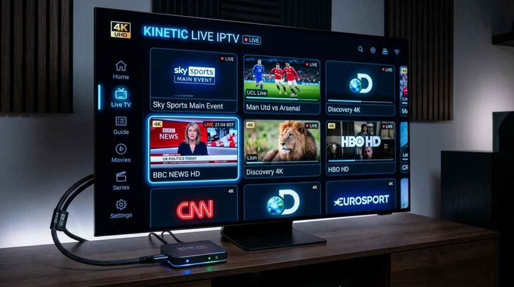 family watching 4K live IPTV on large ultra HD television at home